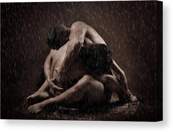 Rain Nudes Couple Boy Girl Canvas Print featuring the photograph Under The Rain Iv by Ddiarte