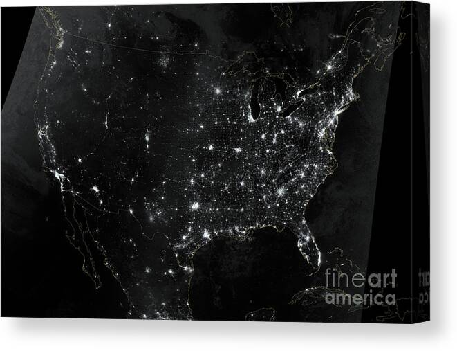 Aerial Canvas Print featuring the photograph United States at Night by NASA Earth Observatory