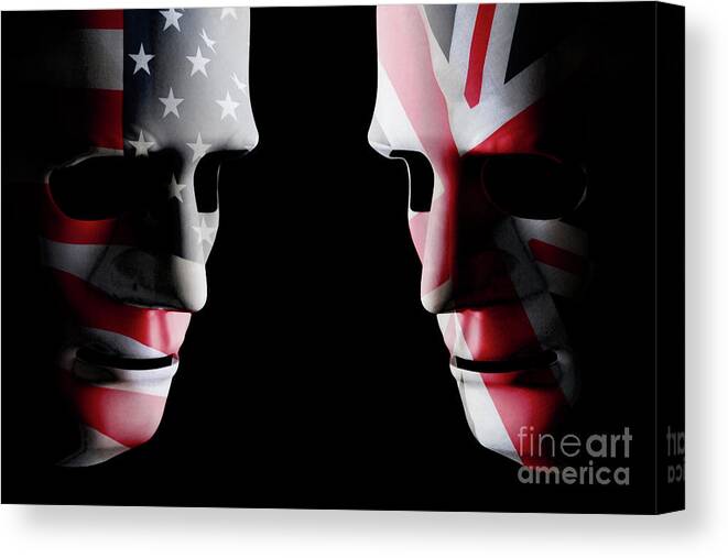 Mask Canvas Print featuring the digital art USA and GB head to head flag faces by Simon Bratt