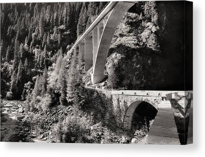 Graubünden Canvas Print featuring the photograph Val di Lei Bridges, Old and New by Steve Ember