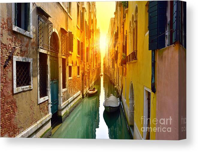 Sunrise Canvas Print featuring the photograph Venice Canal At Sunrise Tourists by Oleg Znamenskiy