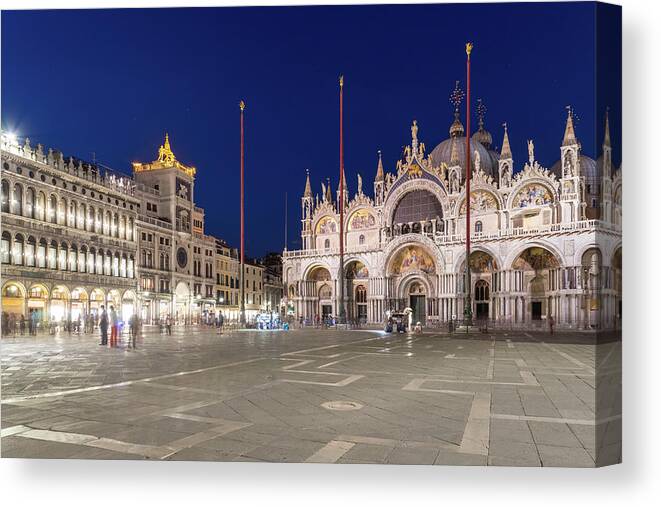 Piazza San Marco Canvas Print featuring the photograph Venice Italy Night Magic - Saint Mark Square Piazza San Marco Blue Midnight by Georgia Mizuleva