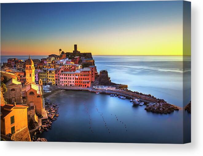 Vernazza Canvas Print featuring the photograph Vernazza village, aerial view on sunset. Cinque Terre, Ligury, I by Stefano Orazzini