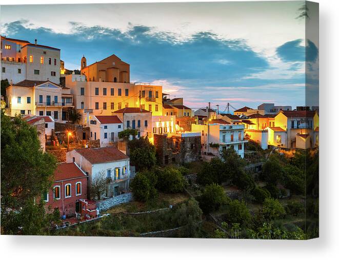 Mediterranean Canvas Print featuring the photograph View Of Ioulida Village On Kea Island In Greece. by Cavan Images