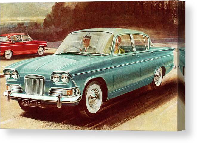 Auto Canvas Print featuring the drawing Vintage Blue Car by CSA Images