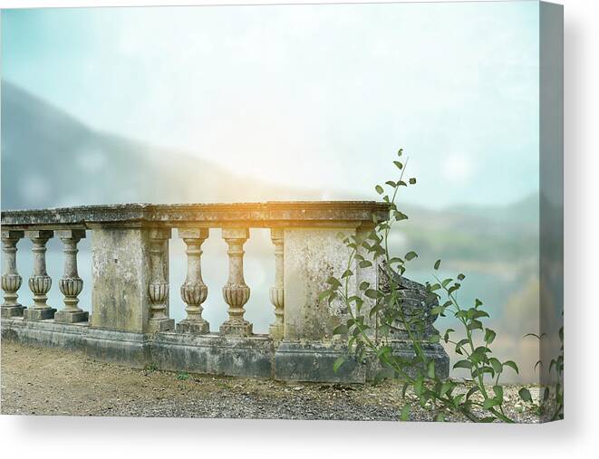 Balustrade Canvas Print featuring the photograph Vintage landscape balustrade view over a river by Ethiriel Photography