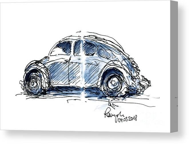 Classic Canvas Print featuring the drawing VW Beetle Classic Car Ink Drawing and Watercolor by Frank Ramspott