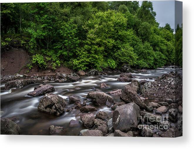Background Canvas Print featuring the photograph Wild Mountain River Streaming Through Green Forest in Scotland by Andreas Berthold