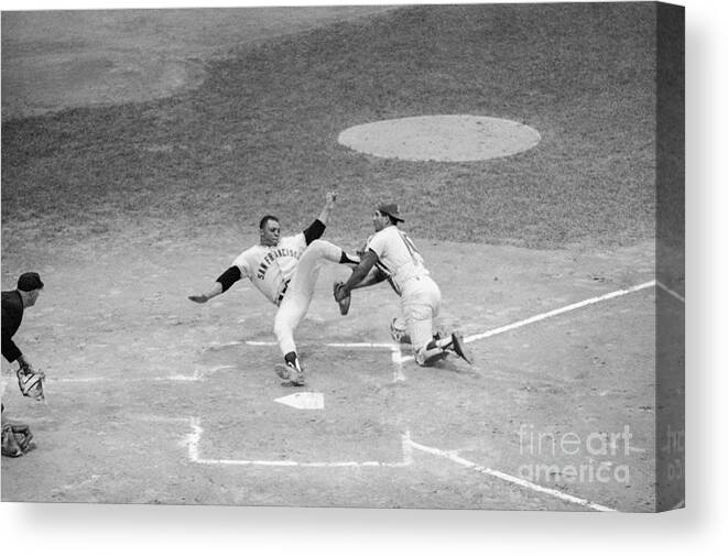 People Canvas Print featuring the photograph Willie Mays And Pat Corrales Falling by Bettmann