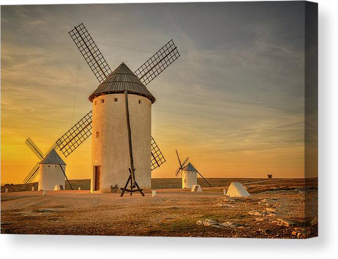 Spain Canvas Print featuring the photograph Windmills at Campo de Criptana La Mancha Spain_GRK2370_02062019 by Greg Kluempers