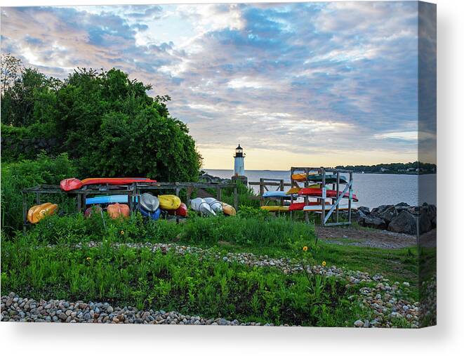 Salem Canvas Print featuring the photograph Winter Island Kayaks and Fort Pickering Light Salem MA by Toby McGuire