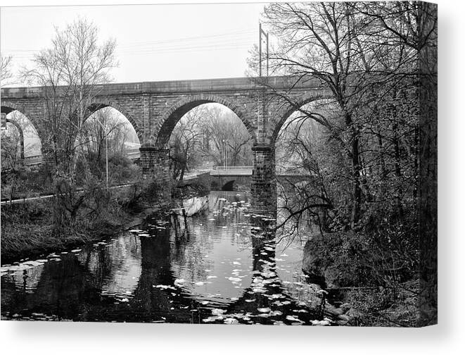 Black And White Canvas Print featuring the photograph Wissahickon Creek - Reading Viaduct in Black and White by Bill Cannon