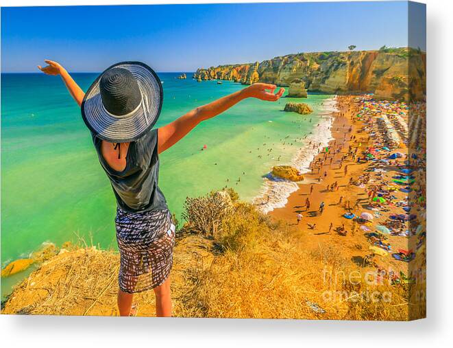 Portugal Canvas Print featuring the photograph Woman in Algarve Coast by Benny Marty