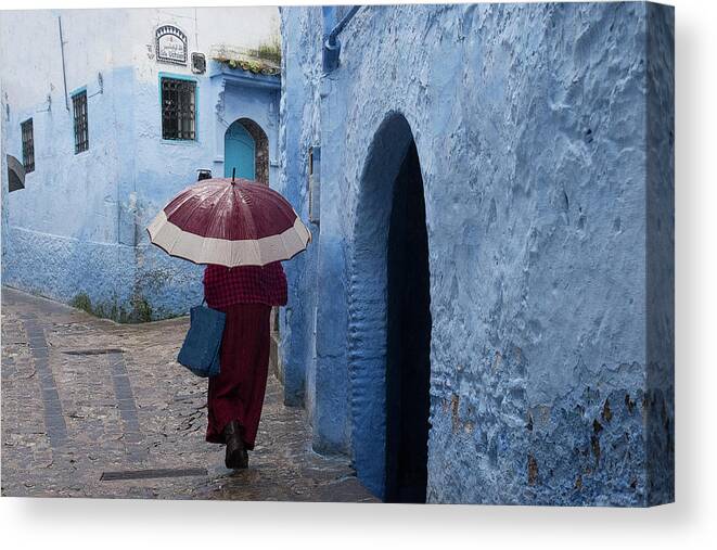 Chefchaouen Canvas Print featuring the photograph Woman with Blue Bag by Jessica Levant
