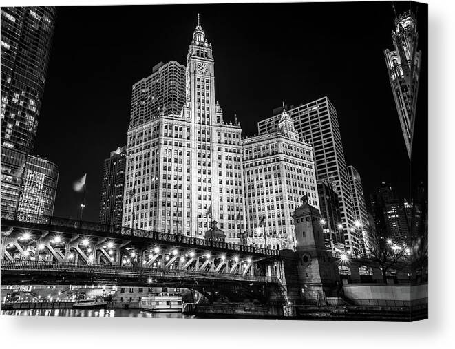 Clock Tower Canvas Print featuring the photograph Wrigley Building At Night, Downtown by Stevegeer