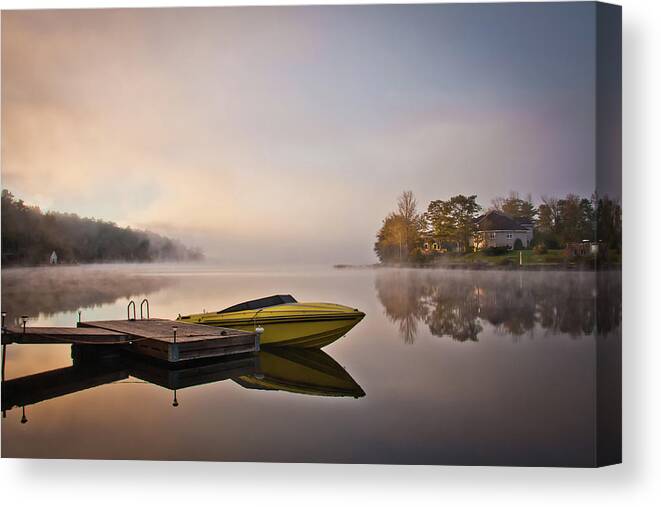 Tranquility Canvas Print featuring the photograph Yellow Speedboat Reflection At Lake by Nancy Rose
