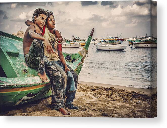 Child Canvas Print featuring the photograph Young Fishermen by Shadyessam