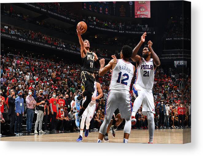 Trae Young Canvas Print featuring the photograph 2021 NBA Playoffs - Philadelphia 76ers v Atlanta Hawks by Jesse D. Garrabrant