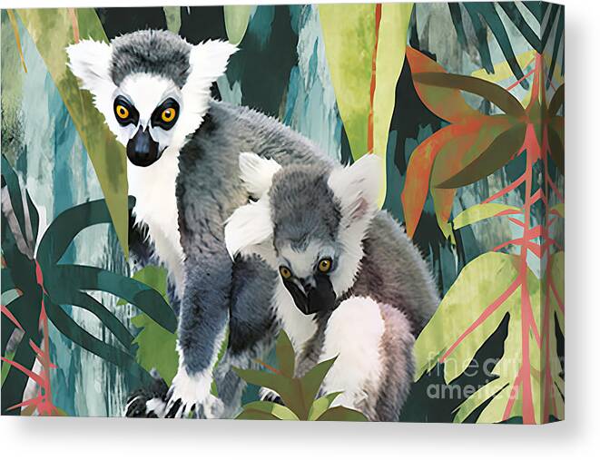 Abstract Canvas Print featuring the painting Abstract watercolor draw two lemur striped white black, backgrou #1 by N Akkash
