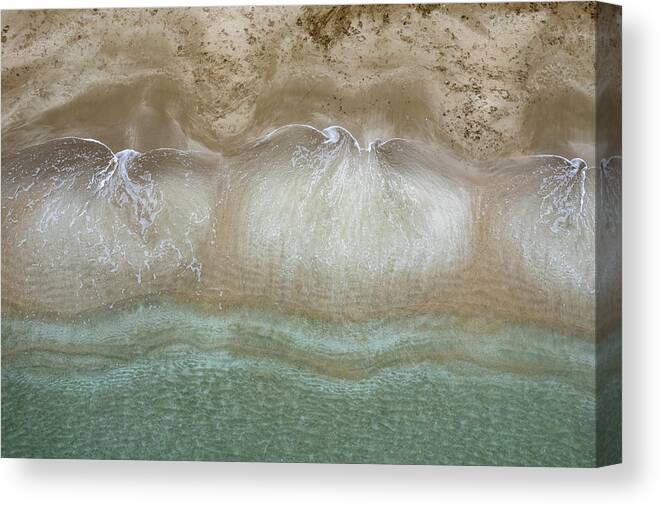 Golden Sand Canvas Print featuring the photograph Aerial view drone of empty tropical sandy beach with golden sand. Seascape background by Michalakis Ppalis