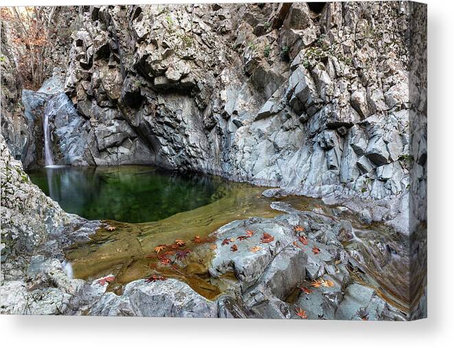 River Canvas Print featuring the photograph Beautiful waterfall splashing in the canyon Troodos Cyprus by Michalakis Ppalis