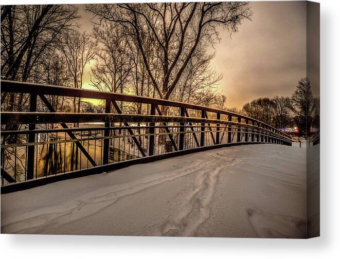 Snowy Canvas Print featuring the photograph Bridge at Night in the Snow V2 DSC_0087 #2 by Michael Thomas