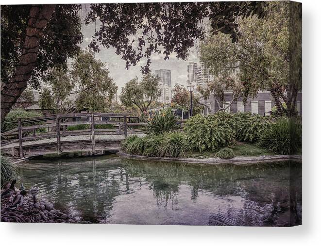 Footbridge Canvas Print featuring the photograph Bridge Over the Pond SS #1 by Alison Frank