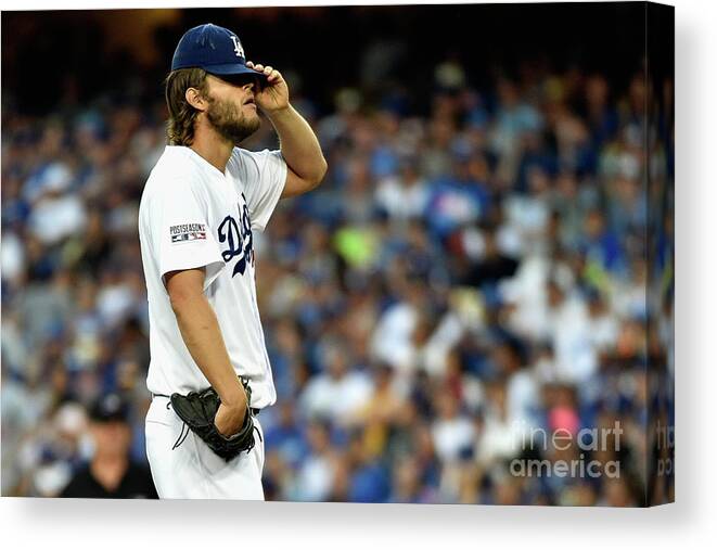 People Canvas Print featuring the photograph Clayton Kershaw and Jhonny Peralta by Kevork Djansezian