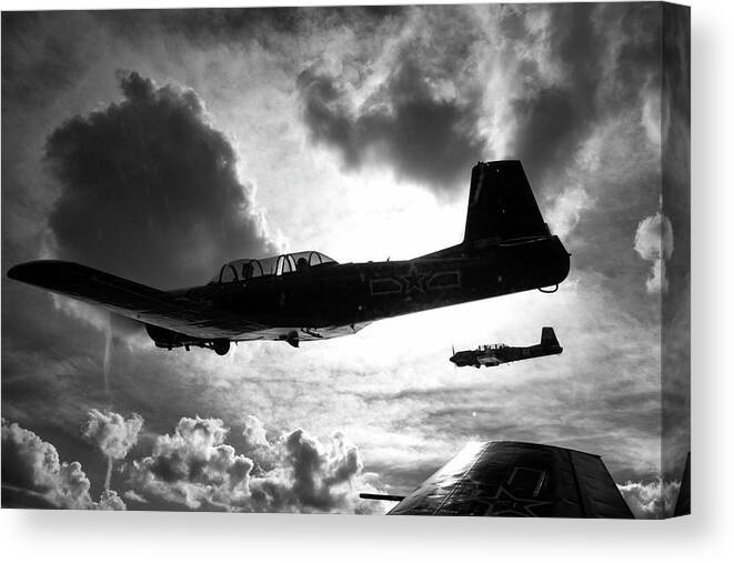 Black Canvas Print featuring the photograph Formation Flight in Black and White by Carolyn Hutchins