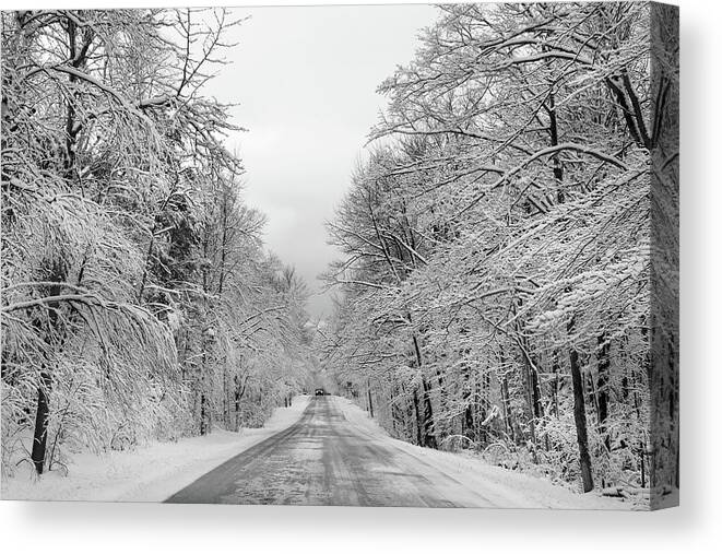 Back Road Canvas Print featuring the photograph Traveling Through the Fresh Snow by David T Wilkinson