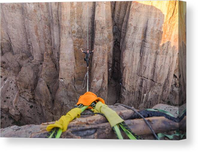 One Man Only Canvas Print featuring the photograph Highlining in Piedra Parada, south Patagonia, Argentina #1 by Alex Eggermont