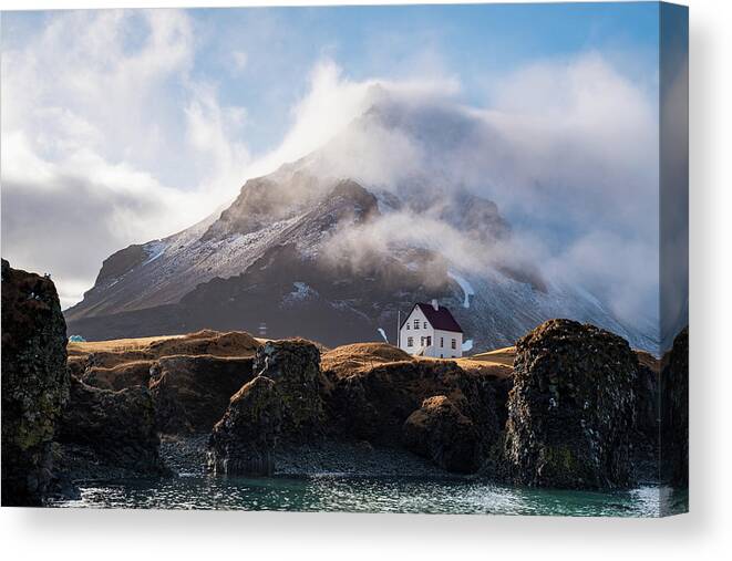 Arnarstapi Canvas Print featuring the photograph Iceland landscape in winter at Arnarstapi village. #1 by Michalakis Ppalis