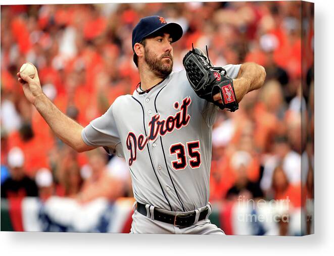 Game Two Canvas Print featuring the photograph Justin Verlander by Rob Carr