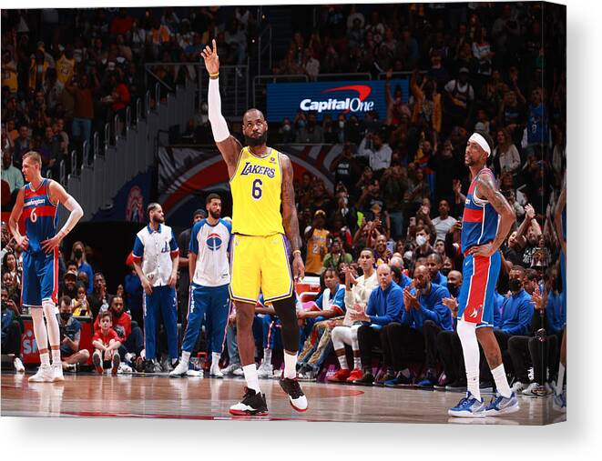 Nba Pro Basketball Canvas Print featuring the photograph Karl Malone and Lebron James by Nathaniel S. Butler