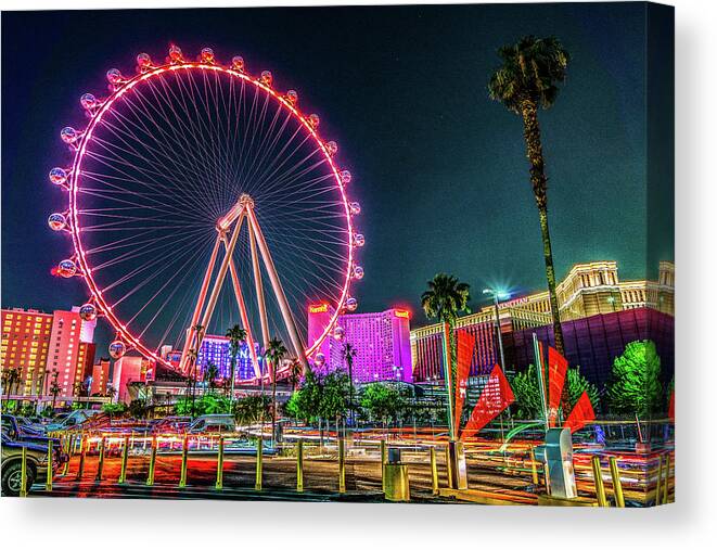 Neon Lights Canvas Print featuring the photograph Las Vegas Nevada High Roller Ferris Wheel by Dave Morgan