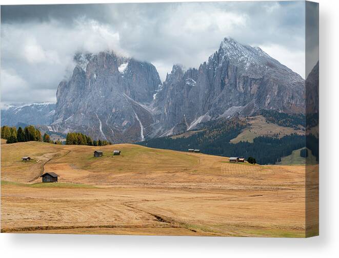 Alpe Di Siusi Canvas Print featuring the photograph Mountain landscape with Dolomite mountains at the Alpe di siuisi Italy #2 by Michalakis Ppalis
