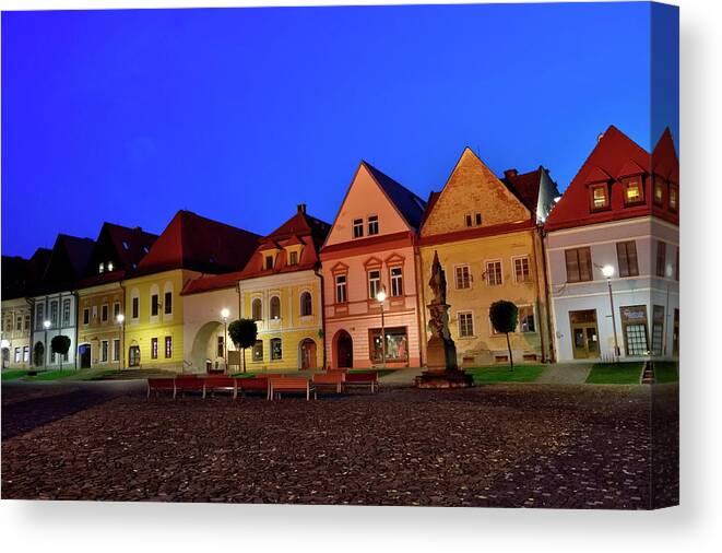 Town Canvas Print featuring the photograph Old town houses in Bardejov city, Slovakia #1 by Elenarts - Elena Duvernay photo