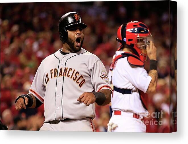 Game Two Canvas Print featuring the photograph Pablo Sandoval, Yadier Molina, and Hunter Pence #1 by Jamie Squire
