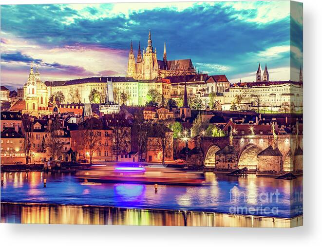 Prague Canvas Print featuring the photograph Prague, Czech Republic Charles Bridge and Hradcany with Castle and Cathedral #1 by Michal Bednarek