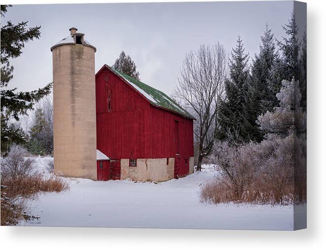 #winter #landscape #photograph #fine Art #door County #wisconsin #midwest #wall Décor #wall Art #hiking #walking #long Exposure #focus Stacking #hdr Photography #adventure #outside #environment #outdoor Lover #snow #ice #cold #snowshoeing # Cross Country Skiing #silo #fence #frost #rimice #hoarfrost #naturepreserve #farmbuildings #abandoned #trees #oaks #crops #redbarn Canvas Print featuring the photograph Quiet #1 by David Heilman