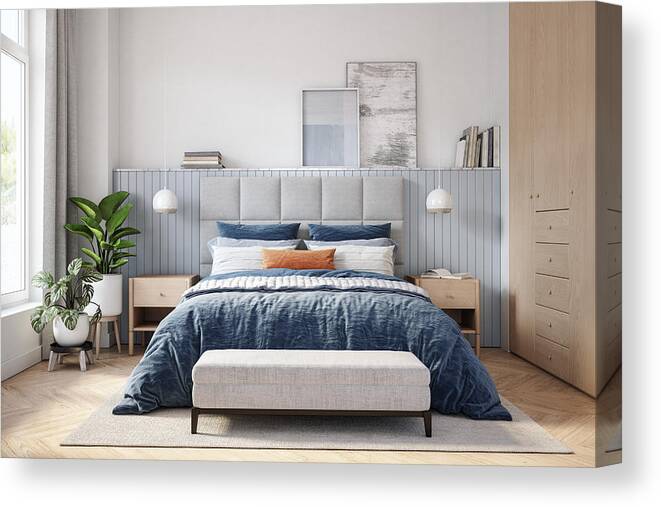 Rug Canvas Print featuring the photograph Scandinavian bedroom interior - stock photo #1 by CreativaStudio