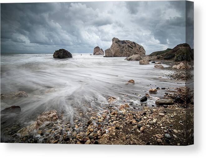 Sea Waves Canvas Print featuring the photograph Seascape with windy waves during stormy weather on a rocky coast by Michalakis Ppalis