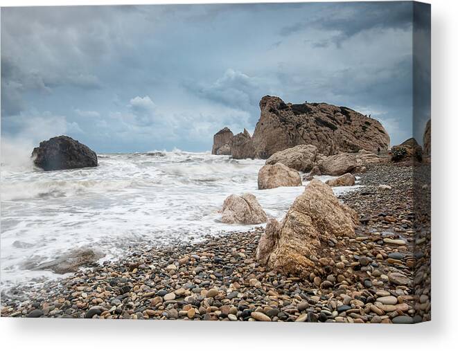 Paphos Canvas Print featuring the photograph Seascapes with windy waves. Rock of Aphrodite Paphos Cyprus by Michalakis Ppalis