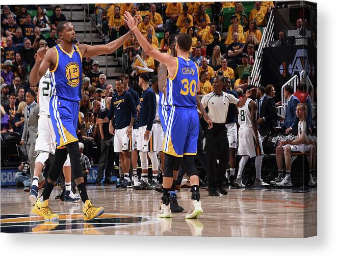 Playoffs Canvas Print featuring the photograph Stephen Curry and Kevin Durant by Andrew D. Bernstein