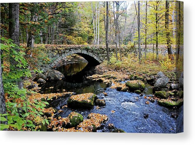 Stone Arch Autumn New England Hampshire Nh Bridge Water Stream Trout Fishing Leaves Foliage Fall Brook Canvas Print featuring the photograph Stone Arch Bridge in Autumn by Wayne Marshall Chase