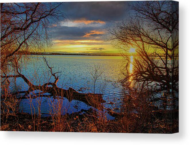 Autumn Canvas Print featuring the photograph Sunset Over Lake Framed By TreesSunset Over Lake Framed By Trees by Tom Potter