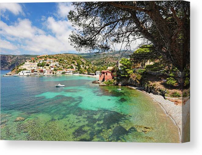 Assos Canvas Print featuring the photograph The village Assos in Kefalonia, Greece #1 by Constantinos Iliopoulos