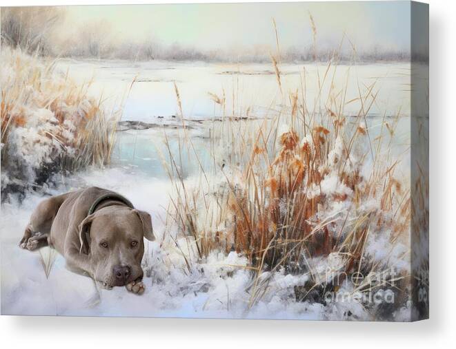 American Pit Bull Terrier Canvas Print featuring the mixed media Winter Delight #1 by Eva Lechner