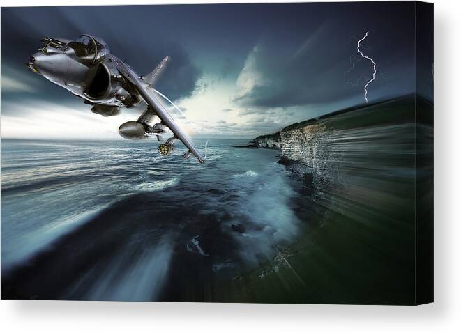 Harrier Canvas Print featuring the digital art British Aerospace Harrier II GR9 White Cliffs Pass by Custom Aviation Art