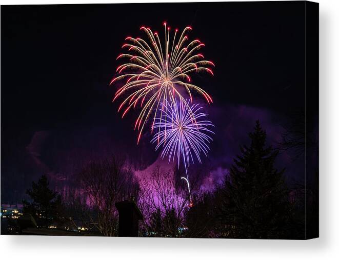 Fireworks Canvas Print featuring the photograph Winter Ski Resort Fireworks #15 by Chad Dikun